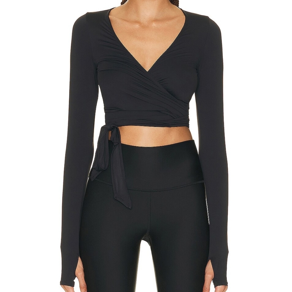 ALO Yoga Black V-Neck Wrap Crop Top